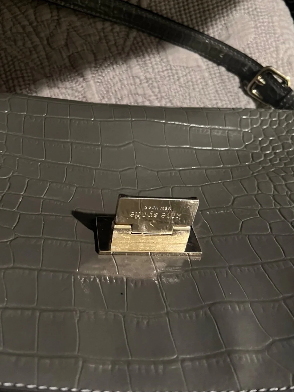 Kate Spade Doris Croc Embossed Dark Gray Patent Structured Tote Bag w/ 2 Handles
